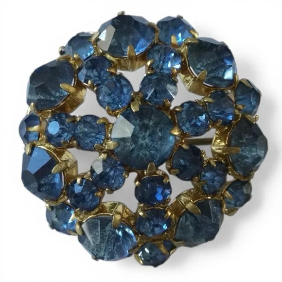 Vintage Gold-tone Signed Czechoslovakia Blue Rhinestone Brooch • Prong‑Set - Picture 5 of 13